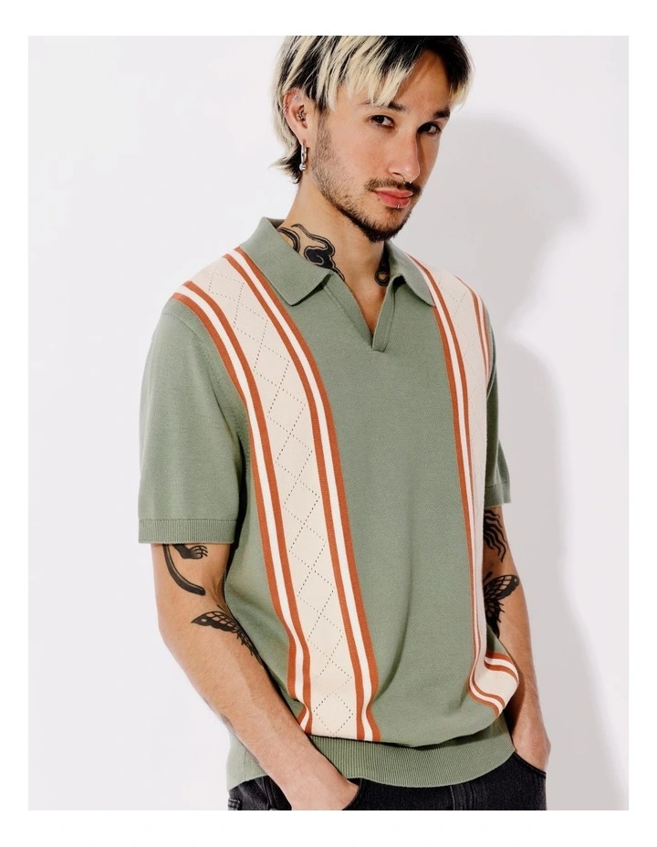 Mateo Stripe Knit Short Sleeve Polo in Green image 1