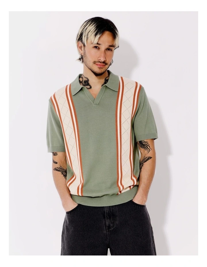 Mateo Stripe Knit Short Sleeve Polo in Green image 3