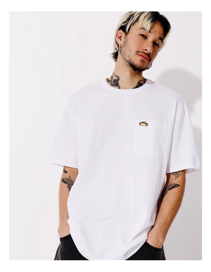 Taco Placement Print Pocket Oversize Short Sleeve Tee in White image 1