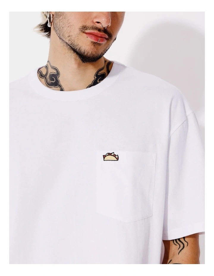 Taco Placement Print Pocket Oversize Short Sleeve Tee in White image 5