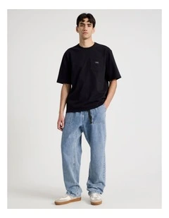 Straight Leg Denim Jeans with Built-In Belt in Light Blue