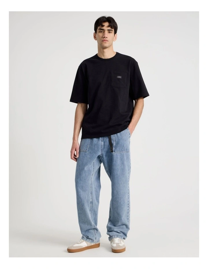 Straight Leg Denim Jeans with Built-In Belt in Light Blue image 1