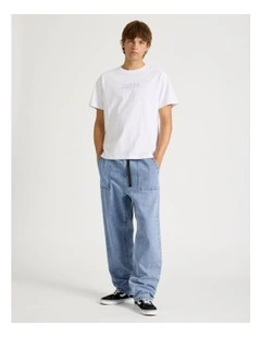 Straight Leg Denim Jeans with Built-In Belt in Light Blue