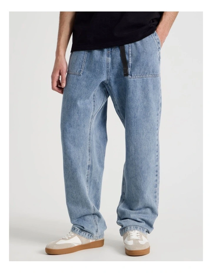 Straight Leg Denim Jeans with Built-In Belt in Light Blue image 2