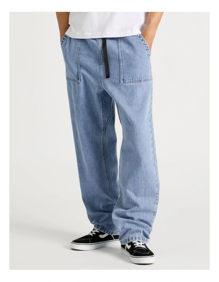 Straight Leg Denim Jeans with Built-In Belt in Light Blue image 2