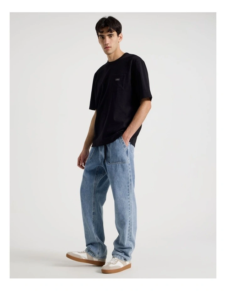 Straight Leg Denim Jeans with Built-In Belt in Light Blue image 3