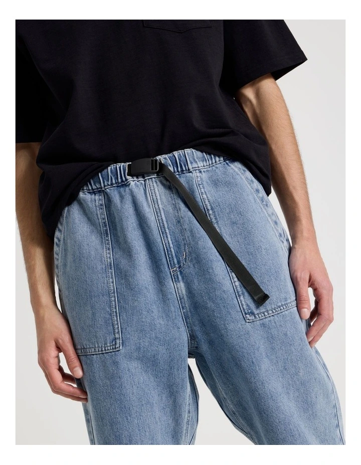 Straight Leg Denim Jeans with Built-In Belt in Light Blue image 4