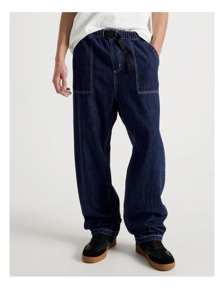 Straight Leg Denim Jeans with Built-In Belt in Dark Denim image 2