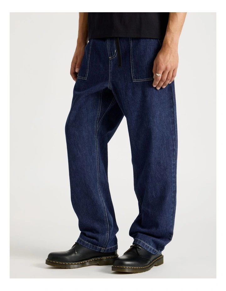 Straight Leg Denim Jeans with Built-In Belt in Dark Denim image 2