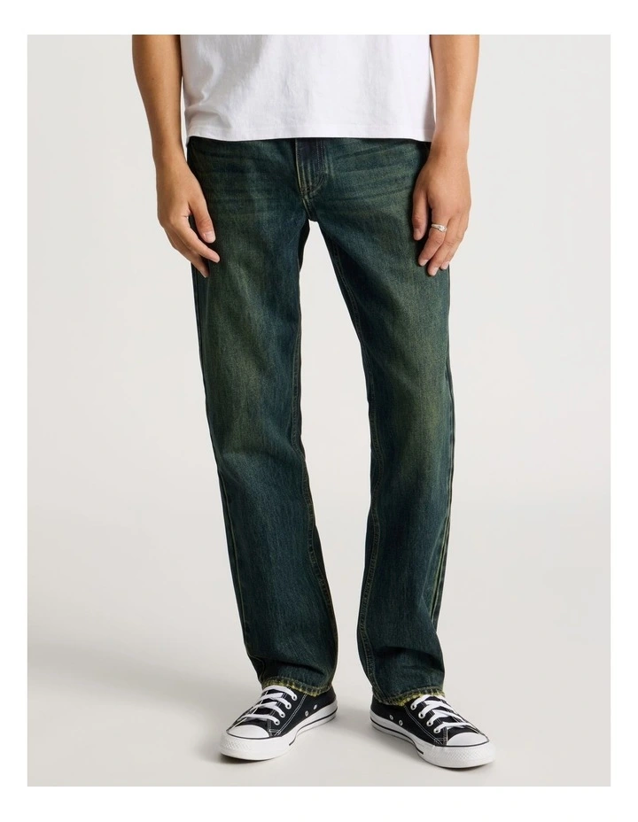 Coloured Wash Straight Leg Jeans in Green image 2