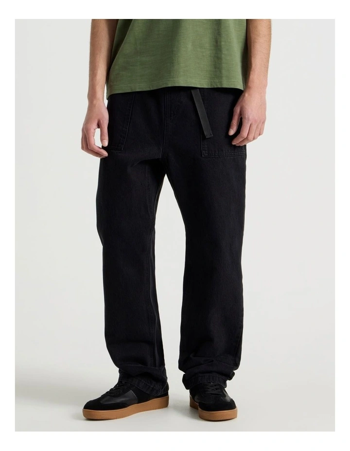 Straight Leg Denim Jeans with Built-In Belt in Black image 2