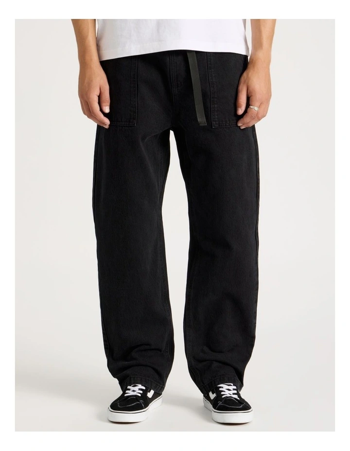 Straight Leg Denim Jeans with Built-In Belt in Black image 2