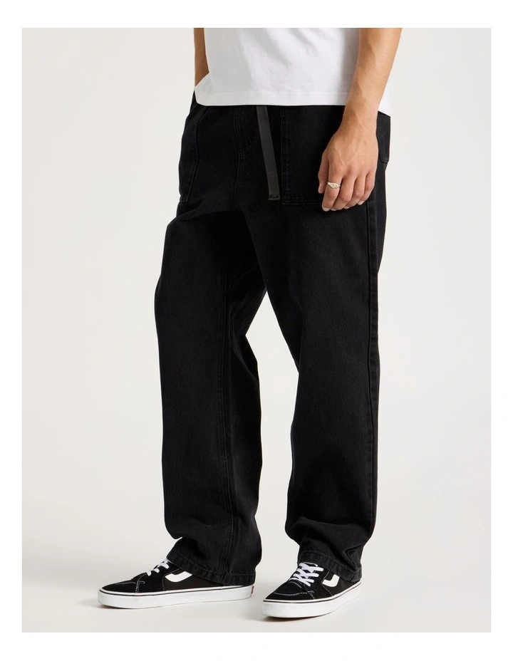 Straight Leg Denim Jeans with Built-In Belt in Black image 3