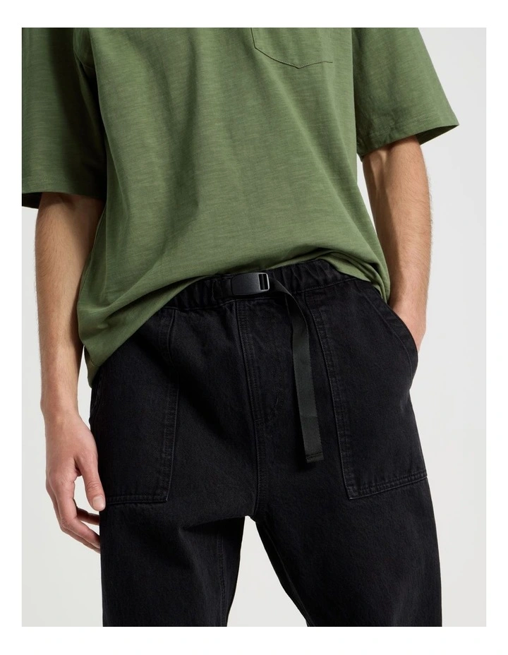Straight Leg Denim Jeans with Built-In Belt in Black image 4