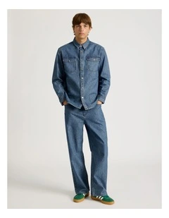 Herringbone Stripe Wide Leg Jeans in Blue