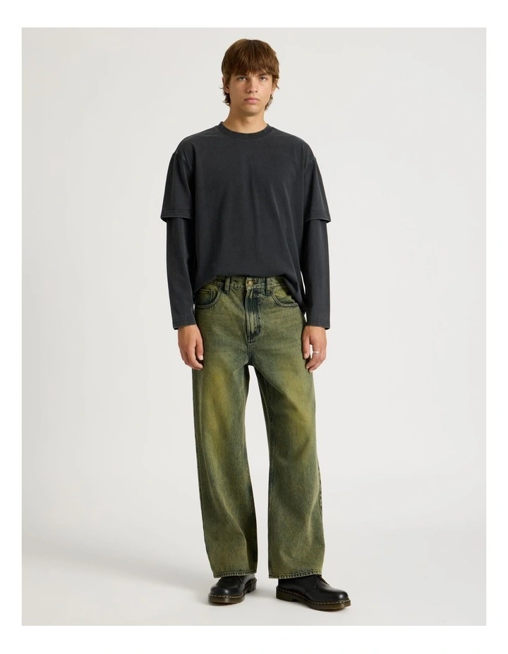 Coloured Wash Wide Leg Denim Jeans in Green image 1