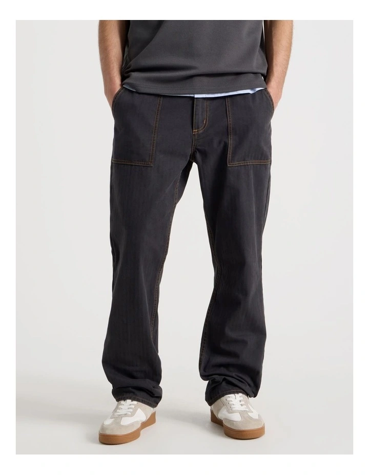 Straight Leg Washed Herringbone Pant in Navy image 2