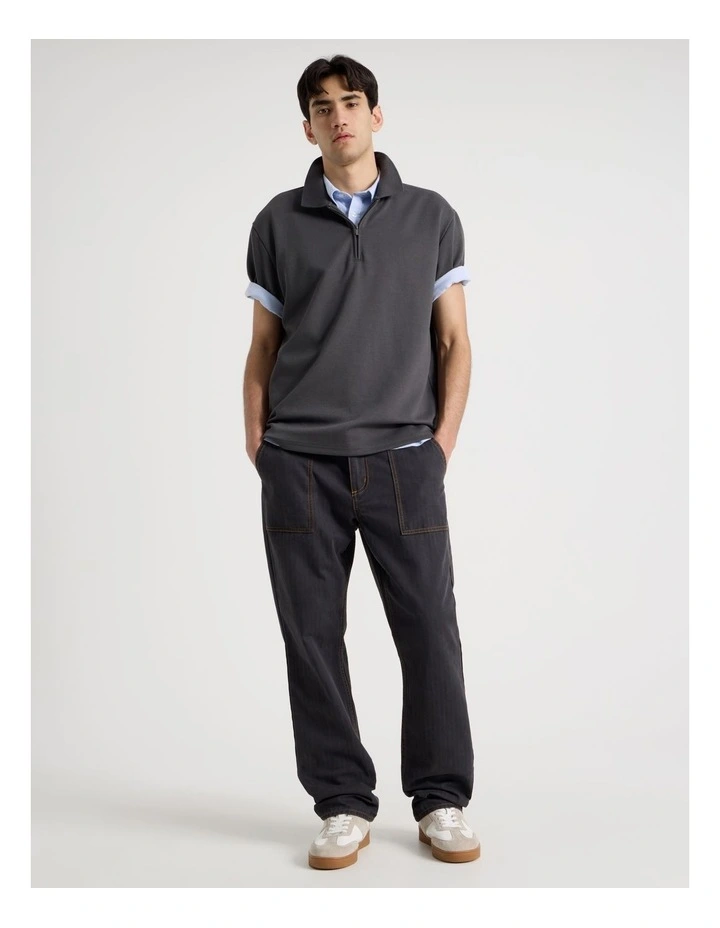 Straight Leg Washed Herringbone Pant in Navy image 3