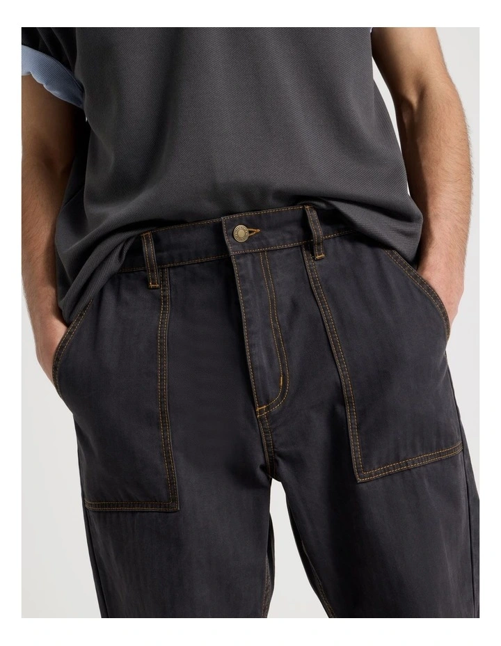 Straight Leg Washed Herringbone Pant in Navy image 4