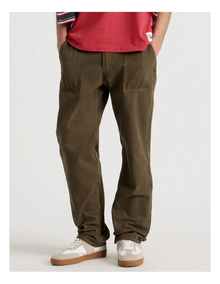 Straight Leg Washed Herringbone Pant in Olive image 2