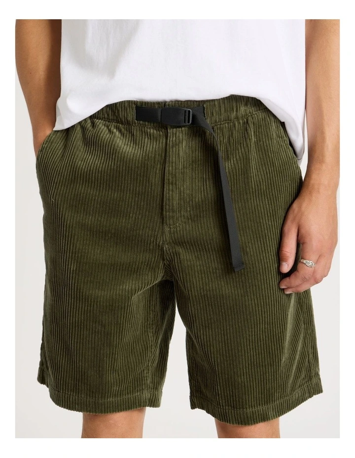Corduroy Shorts with Built-In Belt in Olive image 3