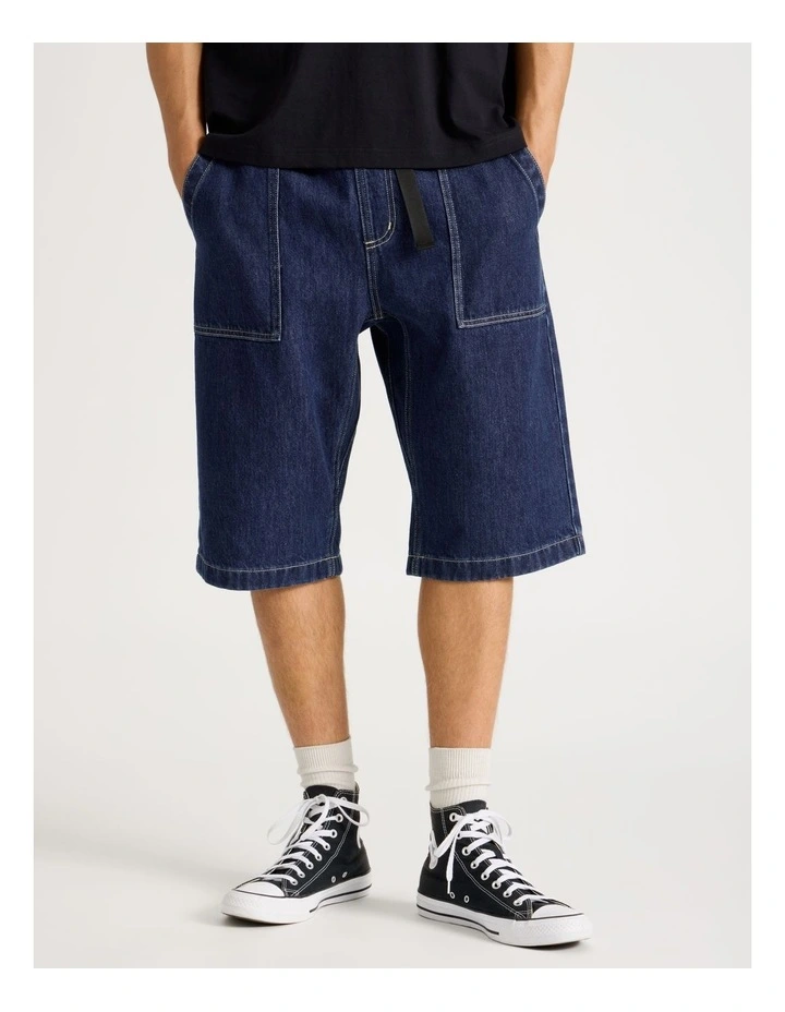 Denim Shorts with Built-In Belt in Dark Denim image 2