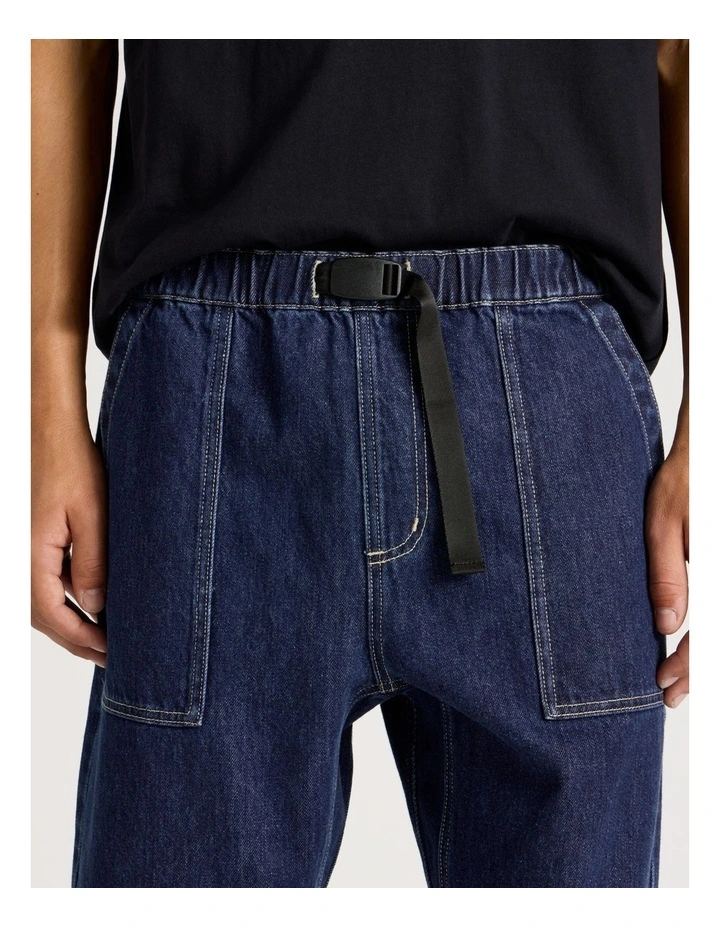 Denim Shorts with Built-In Belt in Dark Denim image 3