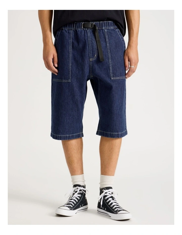Denim Shorts with Built-In Belt in Dark Denim image 5