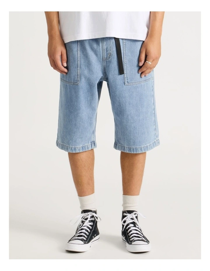 Denim Shorts with Built-In Belt in Light Blue image 2