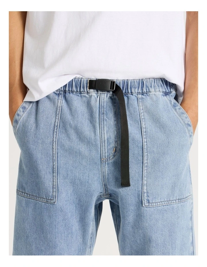 Denim Shorts with Built-In Belt in Light Blue image 3
