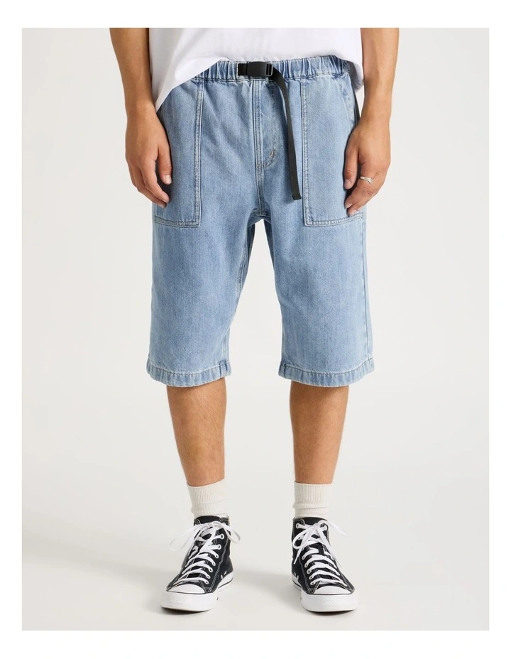 Denim Shorts with Built-In Belt in Light Blue image 5