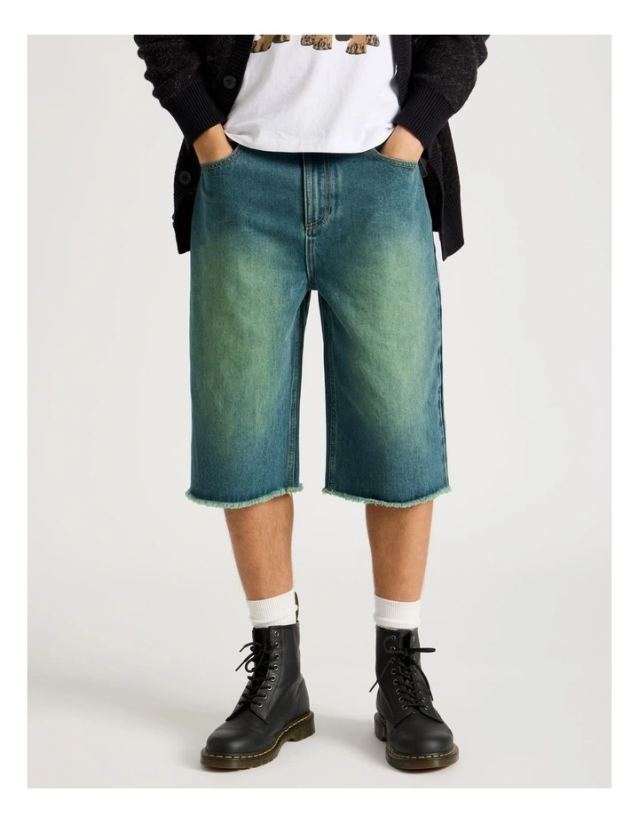 Coloured Wash Denim Jorts in Green image 2