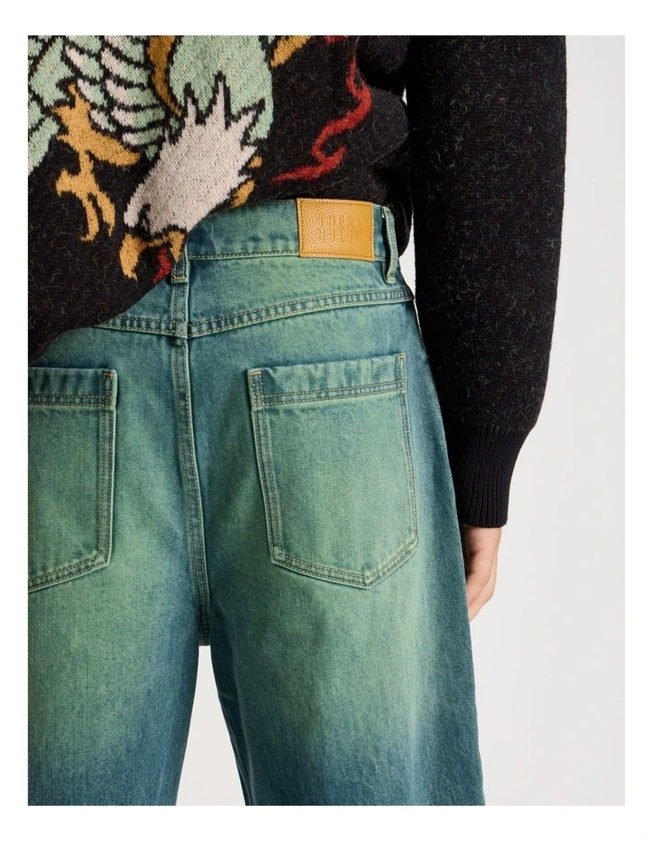 Coloured Wash Denim Jorts in Green image 6