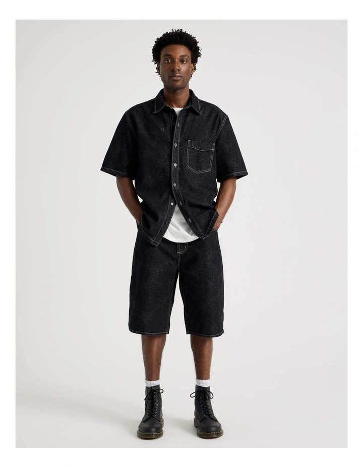 Laser Print Denim Jort in Black image 1
