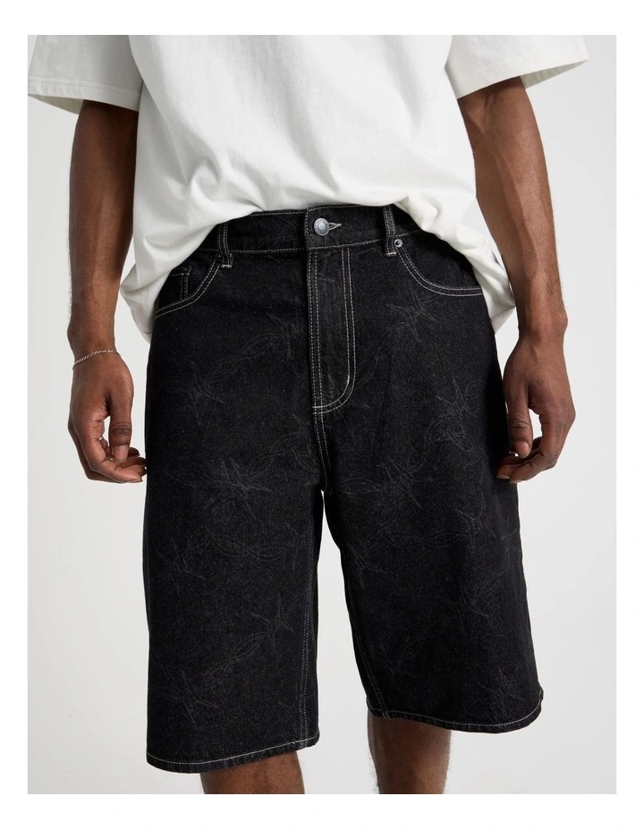 Laser Print Denim Jort in Black image 4