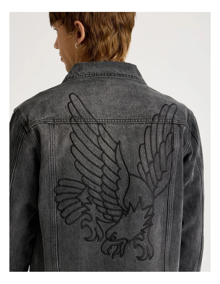 Embroidered Denim Jacket in Black image 2