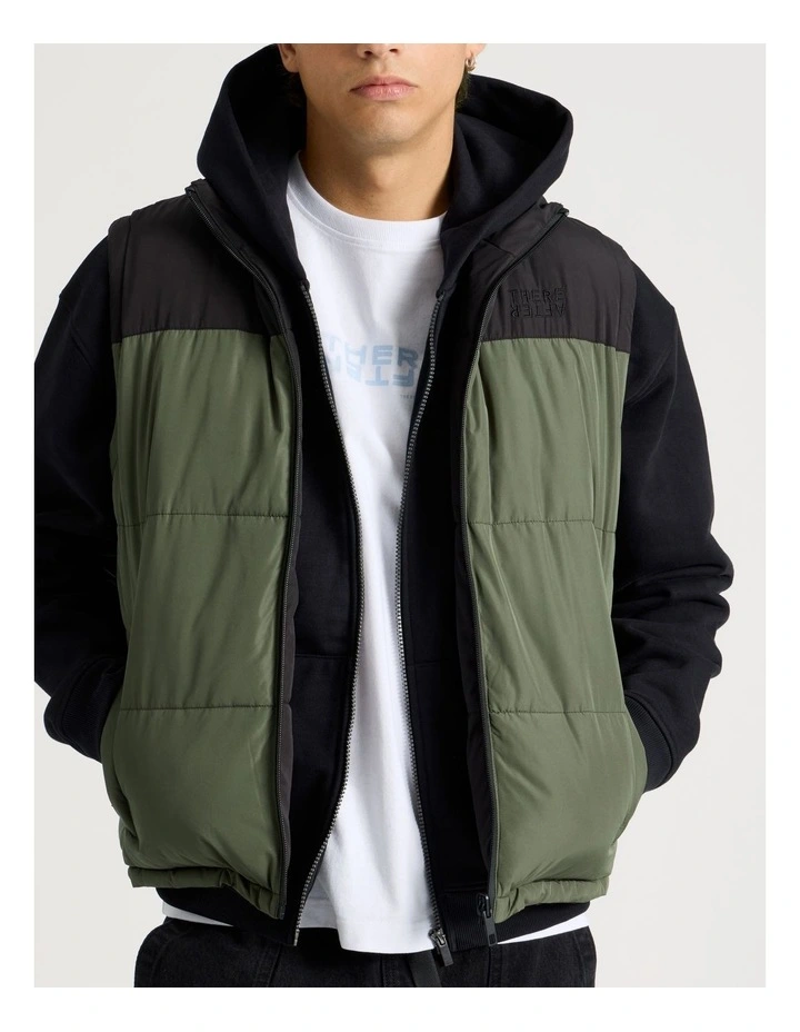 Embroidered Logo Reversible Puffer Vest in Khaki image 5