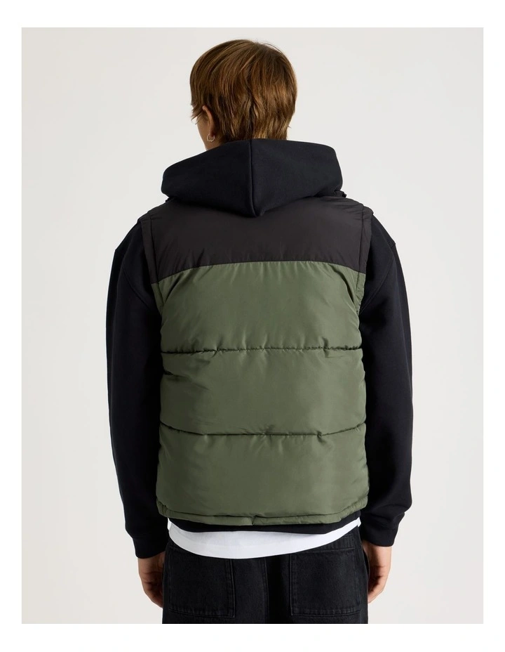 Embroidered Logo Reversible Puffer Vest in Khaki image 6