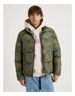 Mid Length Puffer Jacket in Green Camo