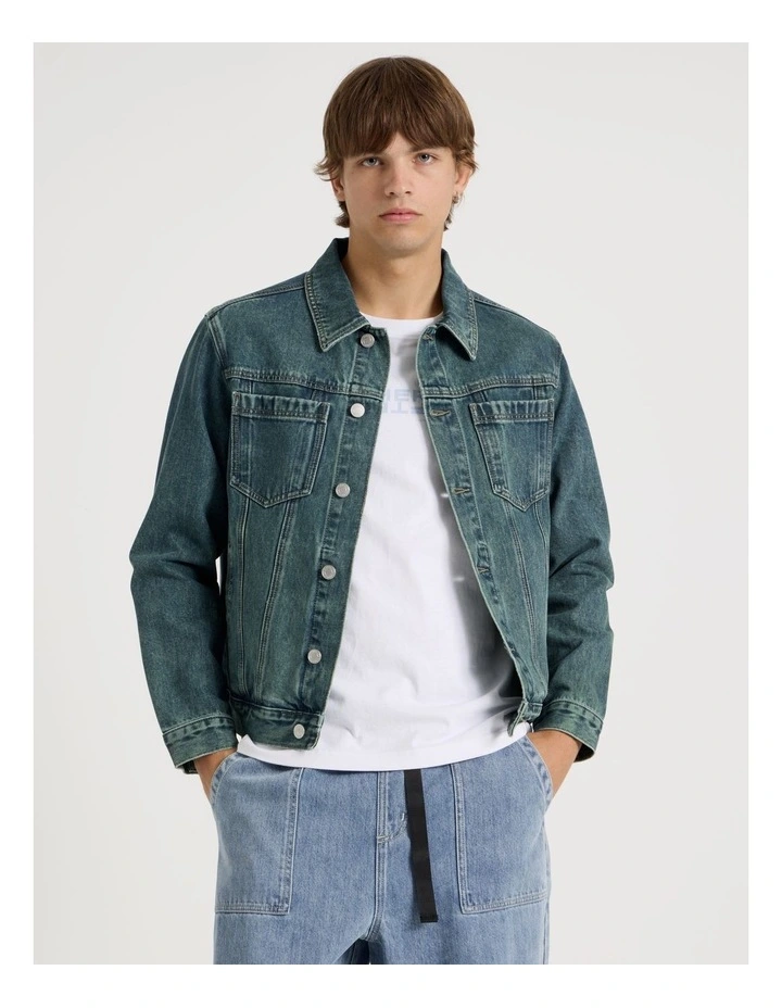 Coloured Wash Denim Trucker Jacket in Green image 1