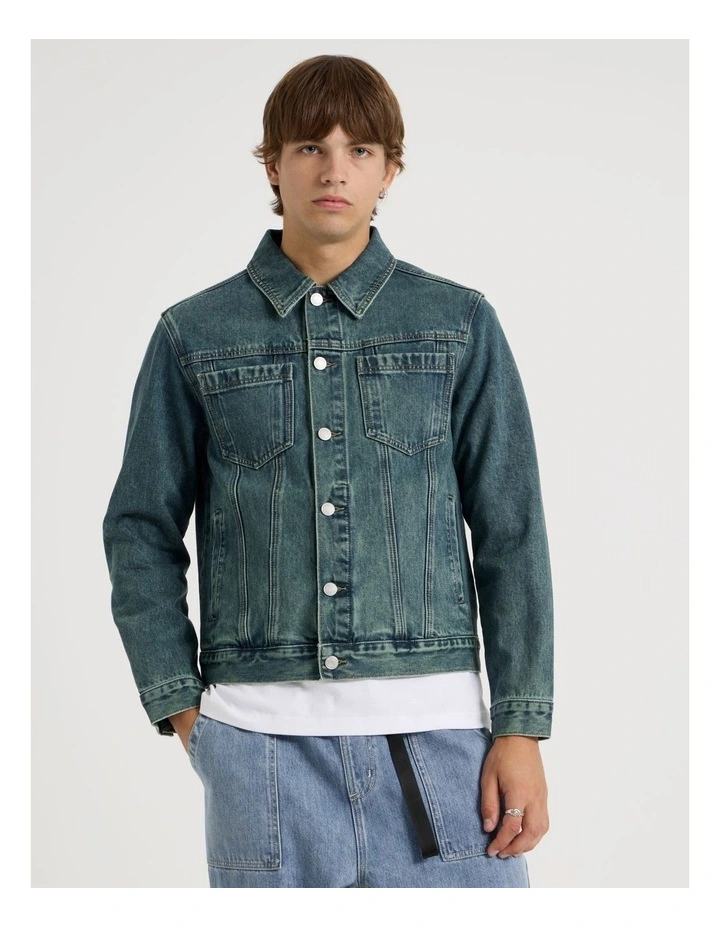 Coloured Wash Denim Trucker Jacket in Green image 4