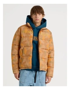 Mid Length Puffer Jacket in Orange Camo