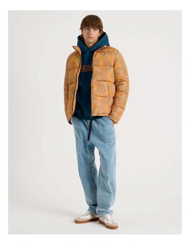 Mid Length Puffer Jacket in Orange Camo image 2