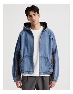 Contrast Panel Hooded Denim Jacket in Denim