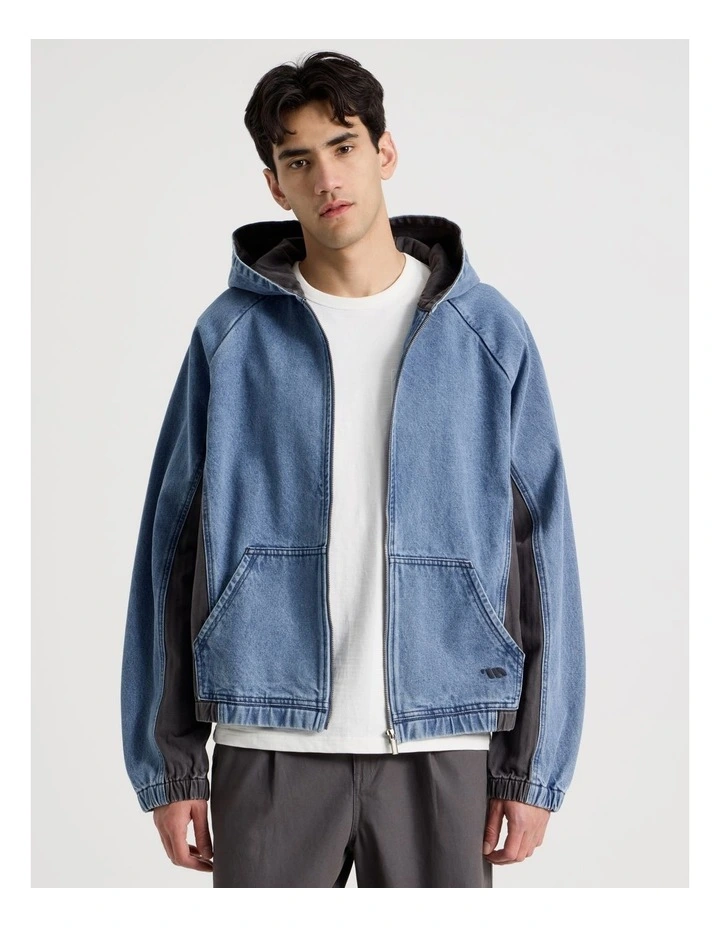 Contrast Panel Hooded Denim Jacket in Denim image 1