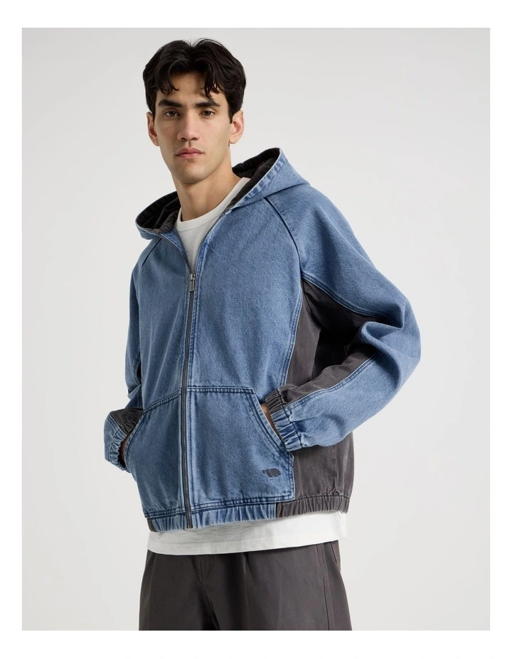 Contrast Panel Hooded Denim Jacket in Denim image 3