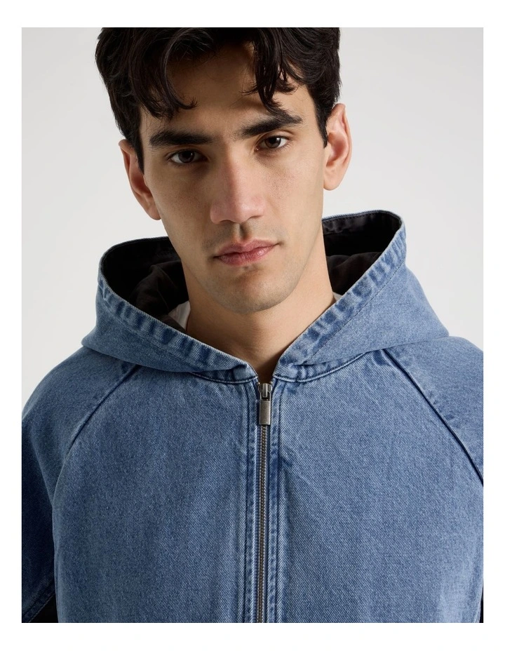 Contrast Panel Hooded Denim Jacket in Denim image 4