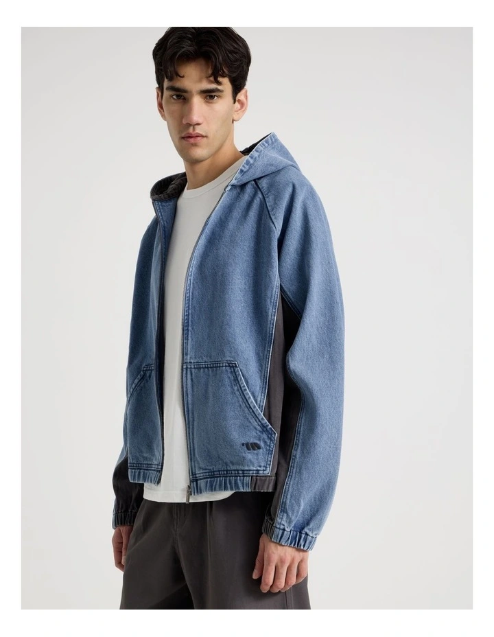 Contrast Panel Hooded Denim Jacket in Denim image 5