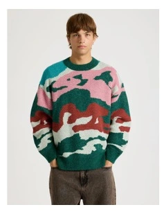 Intarsia Camo Crew Knit Green