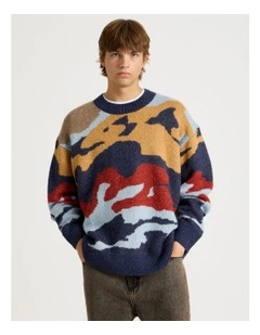 Intarsia Camo Knit Sweater in Blue